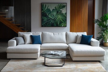 Naklejka premium Modern White L-Shaped Sofa with Gray Cushions and Blue Accent Pillow on Beige Rug Under Glass Coffee Table in Bright Room with Abstract Green Leaf Painting