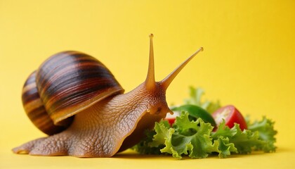 realistic studio photo of giant african snail achatine on the fresh salad with head turned to the camera against bright background