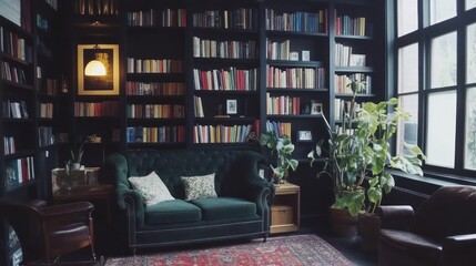 A Luxurious Dark Library with a Green Velvet Sofa and Abundant Books