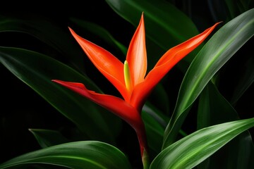 Vibrant orange flower blooms, surrounded by lush green leaves, on dark backdrop