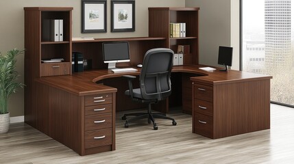 Modern U Shaped Office Desk with Bookcases and Chair