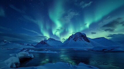 Naklejka premium glowing aurora borealis over snowy arctic landscape