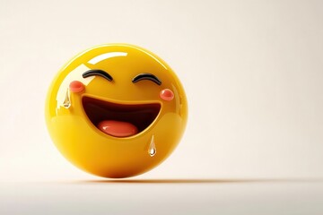 Fototapeta premium vibrant 3d emoji character laughing with joy, glossy yellow surface, crystal tears, dynamic lighting, playful expression on white background