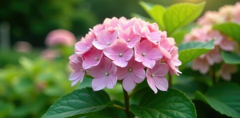 Fototapeta premium Hydrangea bush covered in soft pink blossoms with a prominent heart shape amidst lush green foliage, hydrangea, garden