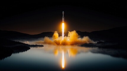 Fototapeta premium Rocket Launch at Night Space Exploration Fiery Blastoff over Lake