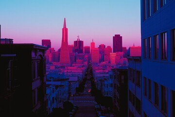 Obraz premium San Francisco Skyline at Dusk, Cityscape View, Colorful Sunset, Urban Scene, Street Level Perspective
