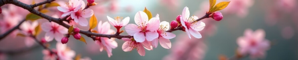 Fototapeta premium Pink and white blossoms on a branch with subtle foliage, colors, leaves, flowers