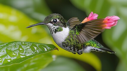 Naklejka premium Vibrant Hummingbird in Flight Emerald Green Feathers Lush Forest Pink Flower