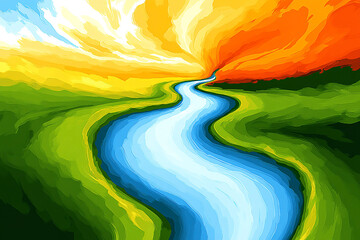 Vibrant abstract landscape with a winding river flowing through lush green fields under a colorful sky