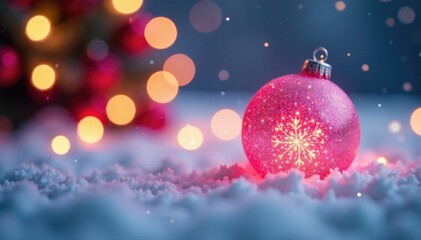 Pink ball bokeh effect in snowy white Christmas lights, christmas, white, snow