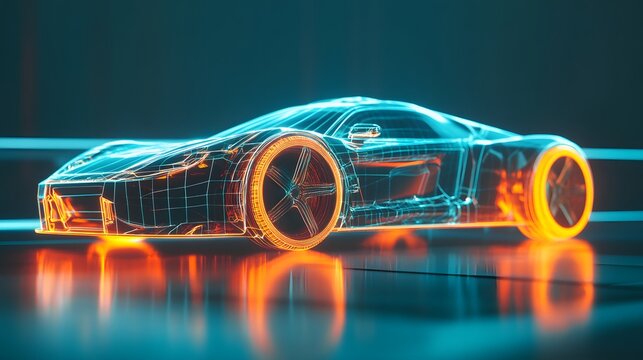 Futuristic glowing car with wireframe design on reflective surface