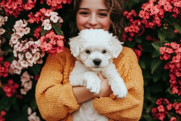 Child Holding Puppy Among Flowers, Outdoor Portrait, Possible Stock Photo