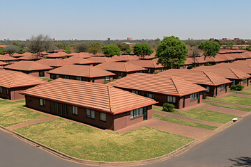 Aerial view of a neat suburban housing development with red tile roofs, showcasing uniformity and modern architecture in a sunny landscape.