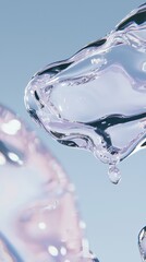 Close-up of transparent water droplets against a soft blue background.