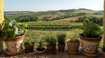 Tuscan Vineyard Landscape  Rolling Hills  Sun Drenched Grapes  Potted Plants