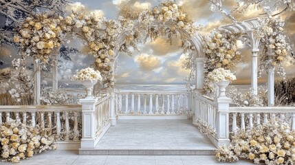 Elegant White Floral Archway Overlooking Serene Seascape