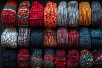A vibrant collection of knitted hats arranged neatly, showcasing diverse patterns and colors