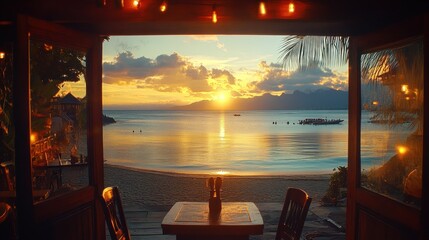 Fototapeta premium Tropical Sunset View From Beachside Restaurant