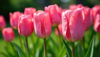 Fototapeta premium Pink tulip blooms in a garden with lush green leaves, flower, botanical, pink tulip