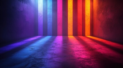 
Neon colorful dynamic lighting stage, concrete floor, shadow, bright, beam, illumination, dark, interior, studio, background