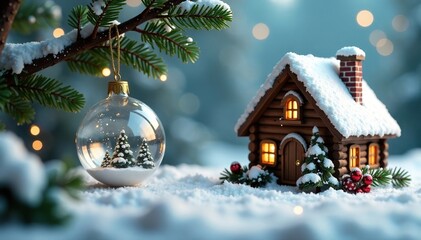 Wooden cottage with a snowy landscape outside and branches of a tree wrapped around a clear glass Christmas ornament, ornaments, festive decorations