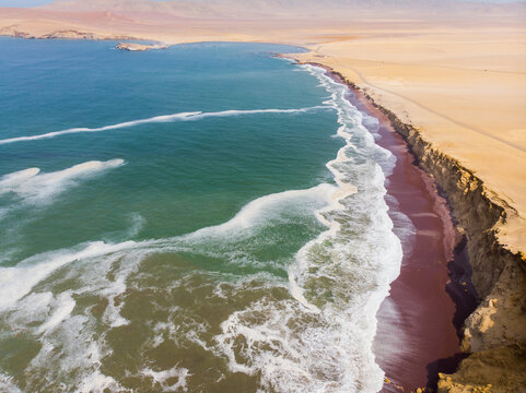 aerial view of red beach in paracas ica peru