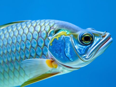 Realistic background of roach fish scales with shimmering shades of silver, green, and blue, detail, blue, marine