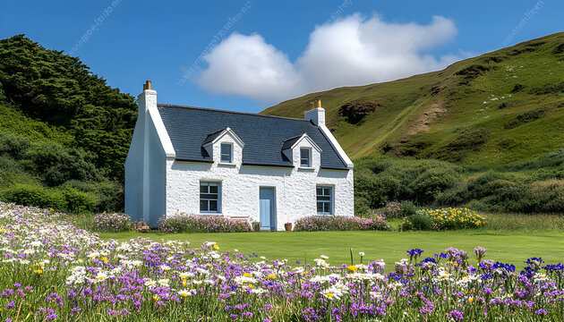 Idyllic white cottage nestled amidst vibrant wildflowers, rolling green hills, and a clear blue sky. A perfect postcard scene.