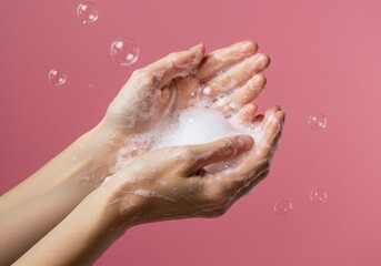 Fototapeta premium Hands holding soap foam, delicate bubbles floating, soft pink background