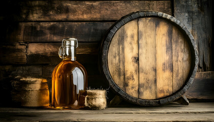 Wooden Barrel and Bottles in Rustic Setting