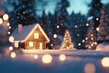 Fototapeta premium Snowy Christmas Cabin in the Woods; Festive Scene; Perfect for Holiday Cards