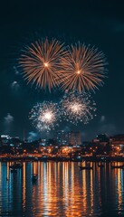Fireworks over city reflected in water at night