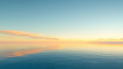 Fototapeta premium Serene sunset over calm ocean waters, pastel sky reflecting on tranquil sea. Perfect for relaxation, meditation, and travel themes.
