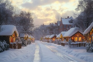 Snow-covered street lined with charming cottages adorned with festive lights at sunset