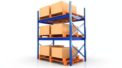 Blue Three Tiered Warehouse Shelves Holding Brown Cardboard Boxes on Pallets