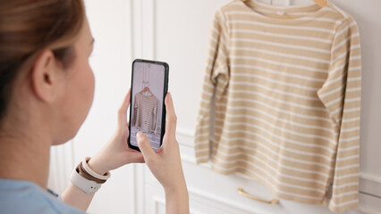 Young adult woman asia people take photo used shirt second hand sell. Go green happy home eco care...