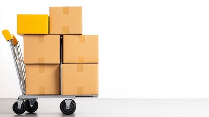 Brown and Yellow Cardboard Boxes in a Metal Shopping Cart Against White Background