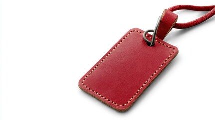 Fototapeta premium Burgundy Leather Identification Badge with Rope Lanyard on White Background for Security Access