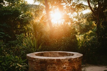 Ancient well bathed in golden sunset light through tropical trees