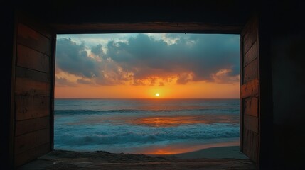 Fototapeta premium Wooden doorway reveals sunset ocean view