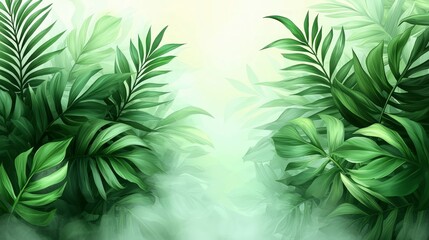 Obraz premium Lush Tropical Jungle Leaves Foggy Oasis Green Foliage Background 3D Illustration