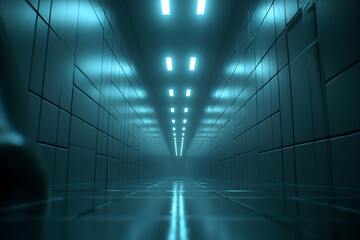 Eerie, teal-lit corridor; futuristic, tiled walls; long perspective; cool, dark ambiance; mysterious, endless hallway; architectural design; modern interior;  digital art;  sci-fi setting.