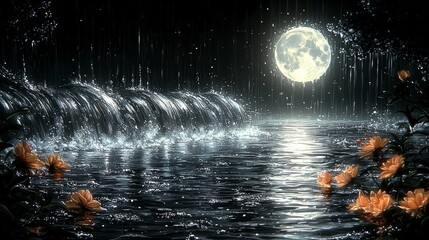 Fototapeta premium Moonlit Waterfall Rain Night Scene Dark Forest Flowers Serenity