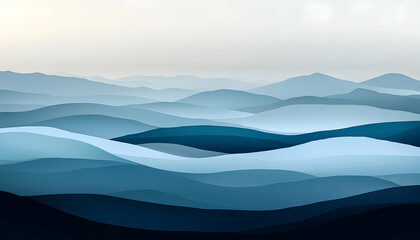 Serene abstract landscape of rolling blue hills and misty mountains, perfect for calming backgrounds or minimalist designs.