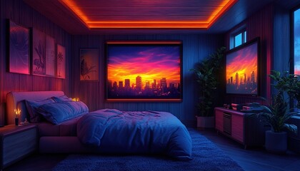 Cozy bedroom with modern decor, featuring sunset city skyline art and ambient lighting