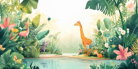 Cartoon animals and lush vegetation by a tranquil jungle river