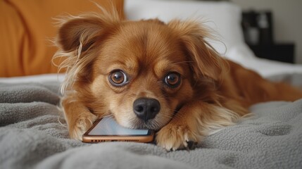 Adorable Dog with Smartphone  Cute Puppy  Pet Technology  Cozy Home
