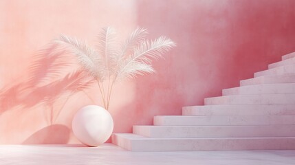 Fototapeta premium Minimalist, pastel pink room with white stairs and plant. Soft lighting creates shadows on the wall.