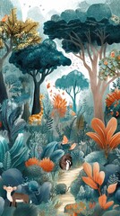 Obraz premium A vibrant jungle scene showcasing diverse wildlife and lush foliage