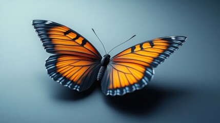 Fototapeta premium Detailed close-up of an orange and black butterfly in flight, wings spread wide, against a muted gray background.